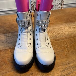 Karl Lagerfeld White Moto Boots with Rhinestone Buckle